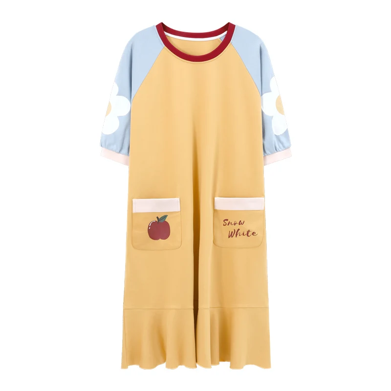 

Summer Korean Kawaii Nightgowns For Women Fashion Yellow Patchwork Home Wear Long Nightdress Cotton Cute Strawberry Nightshirts