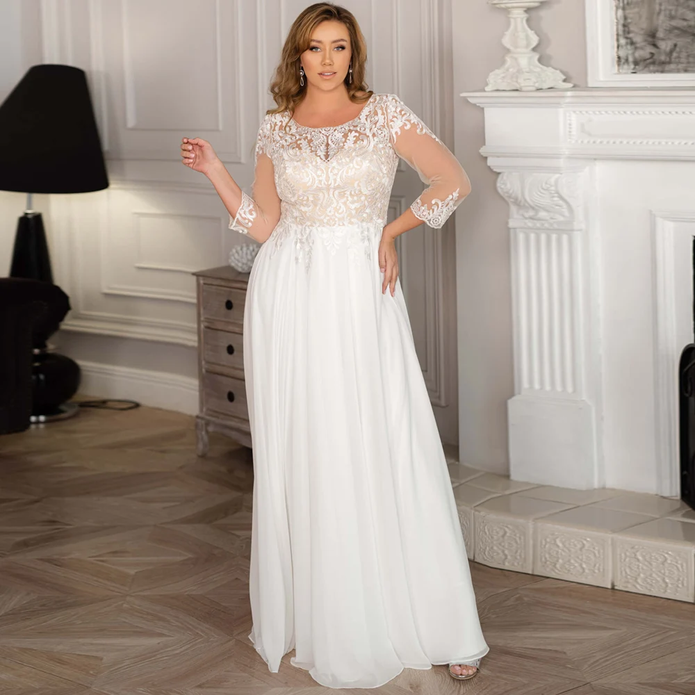 

Chiffon Wedding Dress Plus Size Floor Length 3/4 Long Sleeve Lace Applique Beach Bridal Gowns Vestido de Novia Modest No Train