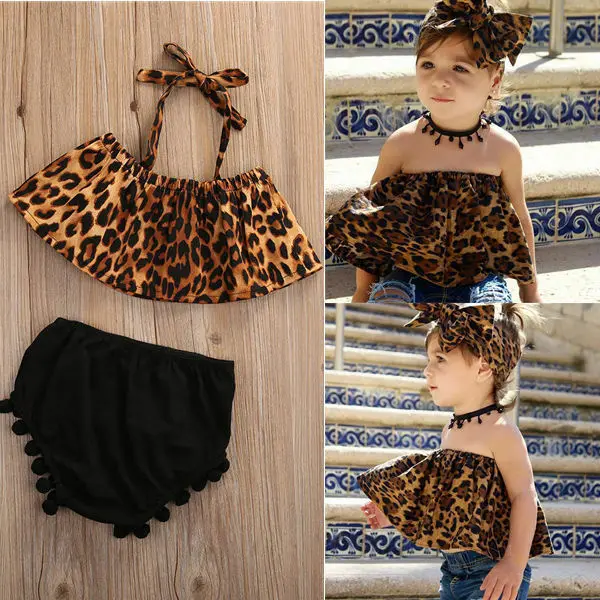 

2Pcs Newborn Baby Kids Girls Clothes Leopard T-shirt + Short Pants Kids Outfits Fashion Leopard vest Black Underwear Wool Ball