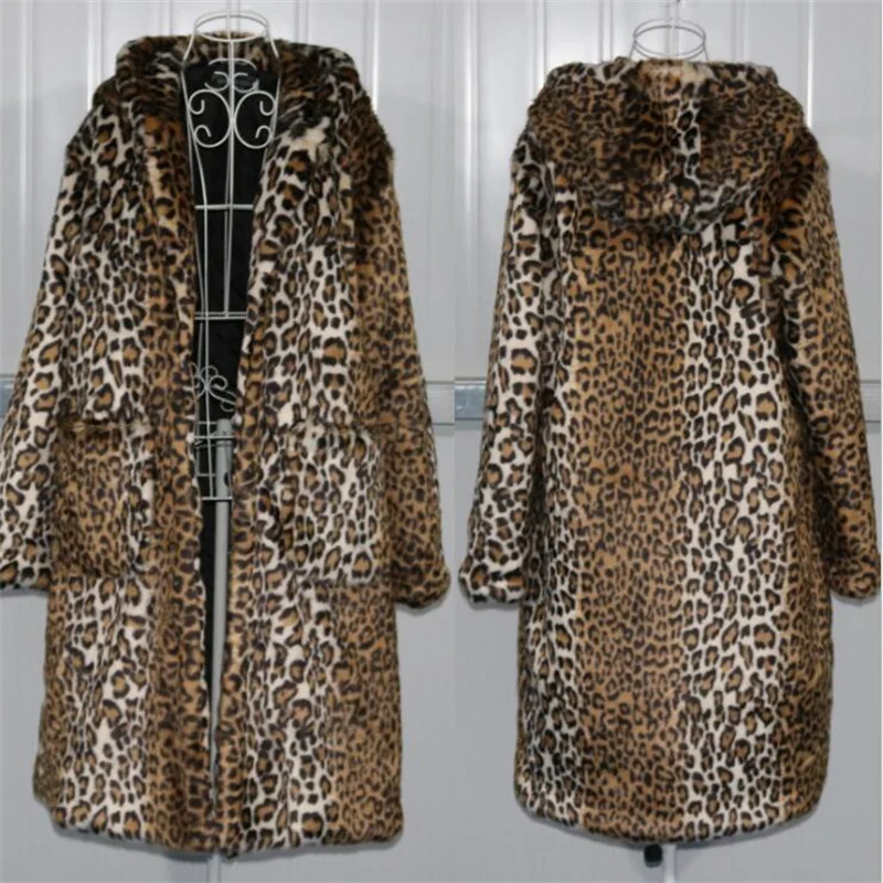 

Пальто с леопардовым принтом, женские куртки из искусственного меха, новая зимняя теплая одежда средней длины с капюшоном из плотного плюша...