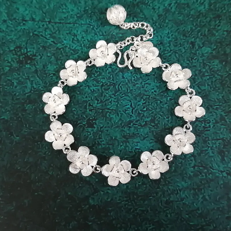 Женский браслет ручной работы Bastiee из стерлингового серебра 999 пробы с цветком