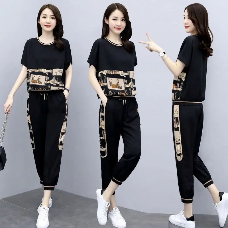 

Single/Set Sports Suit, Female Large Size AgeingSummer New Loose Slimming Leisure Short Sleeves Two-Piece Set