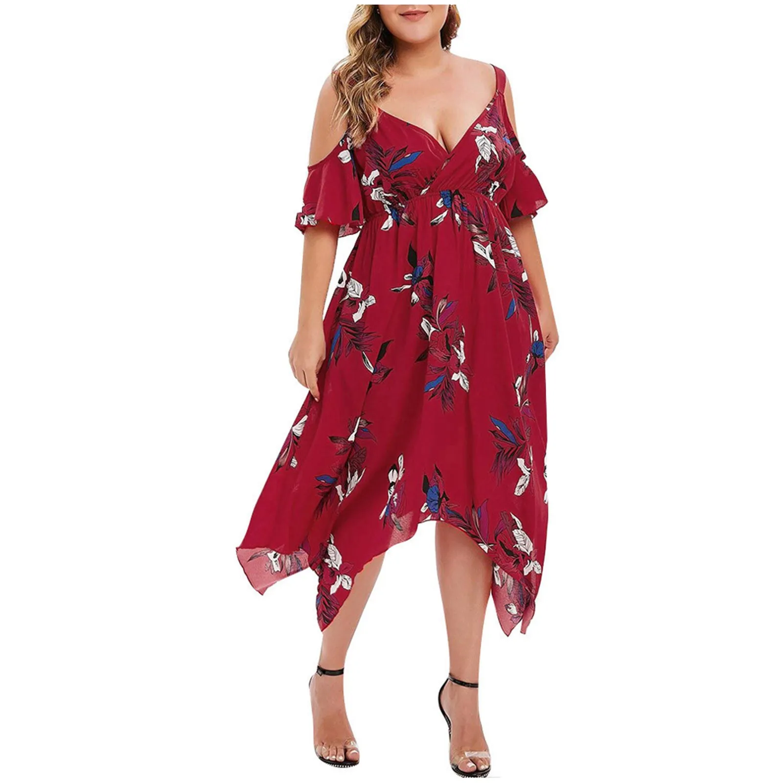 

New Fashion Women Plus Size Off Shoulder Short Sleeve Floral Printed Handkerchief V-Neck Dress Female Ankle Dress