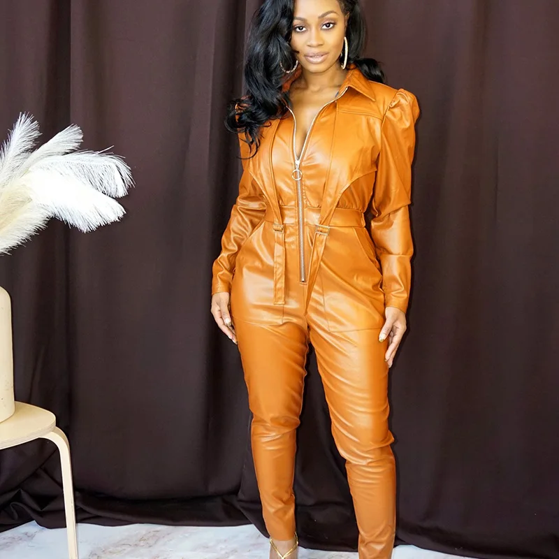 

Streetwear PU Leather Jumpsuit Women Elegant Long Sleeve Zip Turn-down Collar Bodycon Rompers Womens Overalls Combinaison Femme