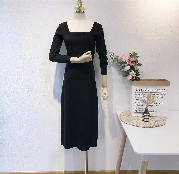 

TVVOVVIN Spring New French Vintage Square Neck High Waist Knitted Long Sleeve Black Mid-length A-line Dress C05R