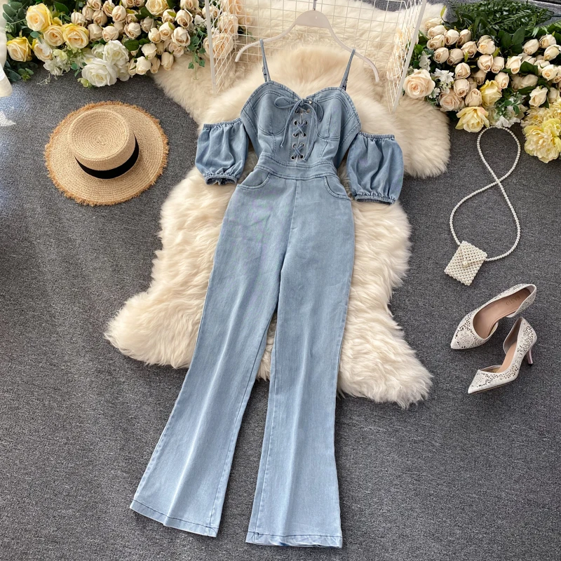 Сексуальные длинные штаны на шнуровке с открытыми плечами женские комбинезоны