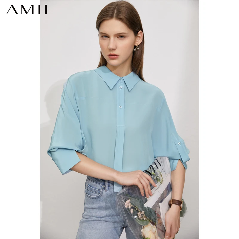 

Amii Minimalism Summer New Women's Shirt Offical Lady 100%Silk Solid Lapel Loose Women's Blouse Causal Women's Tops 12170337