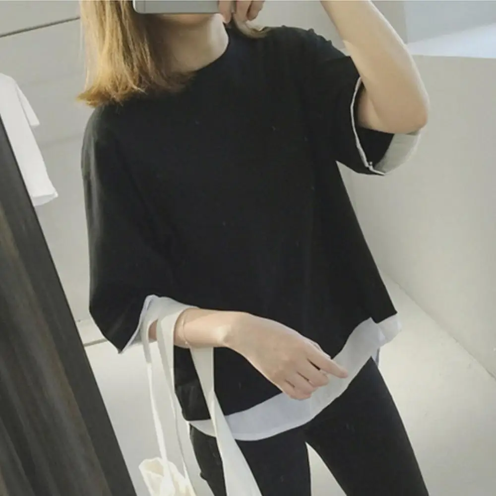 

New T-shirts Women 2021 Fashion Women Short Sleeve Loose O Neck Patchwork Breathable T-shirt Top Blouse Vintage Tshirts
