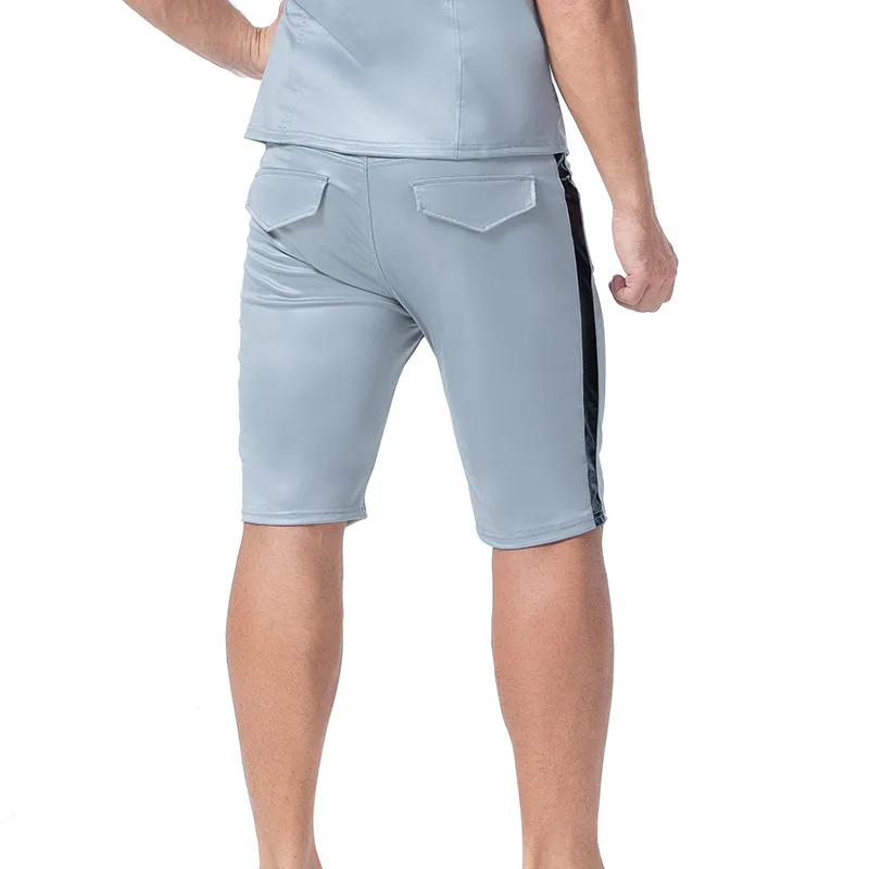 XX149 S-2XL мужские искусственная кожа застежка Брюки с карманами ночной клуб черный ПВХ бондаж шорты Готический полосатый рядом фетиш