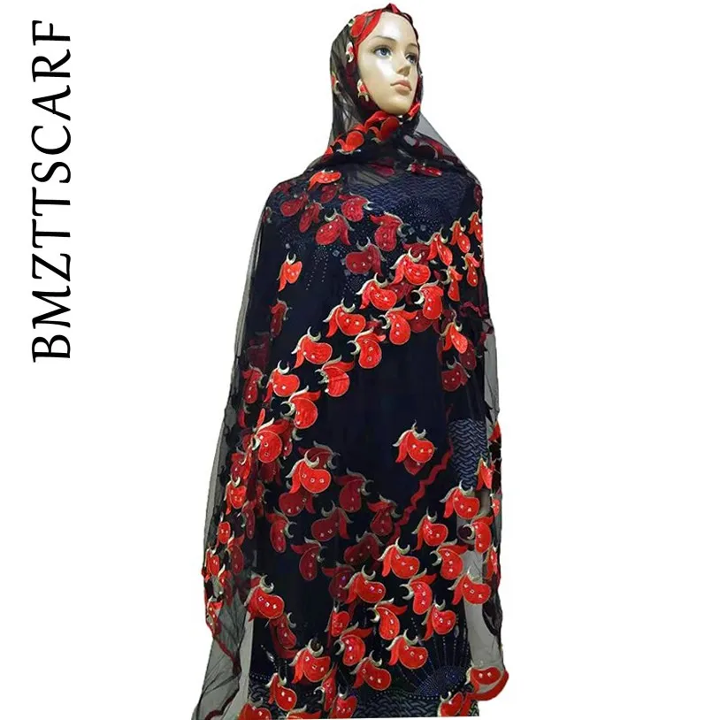 African Women Scarf Good Quality Plain Embroidery with Stones Soft Net Scarf for Headscarf Wraps Pashmina BM805