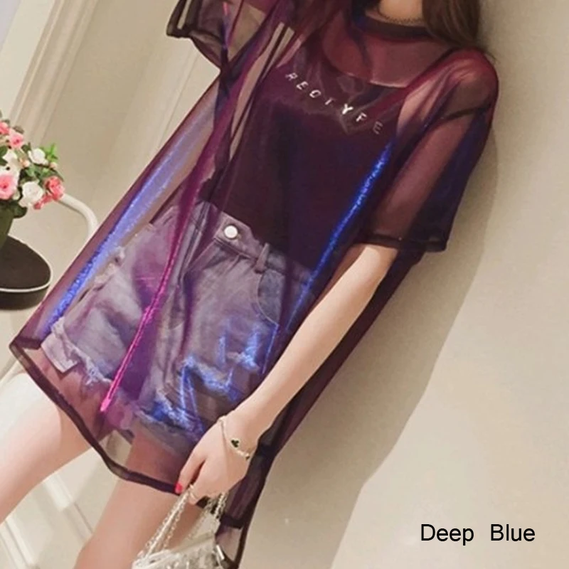 

Fashion Womens Tops Mesh Transparent T-Shirt Short Sleeve Iridescent Mesh Cover up+Camisole Women Summer Tops Tee