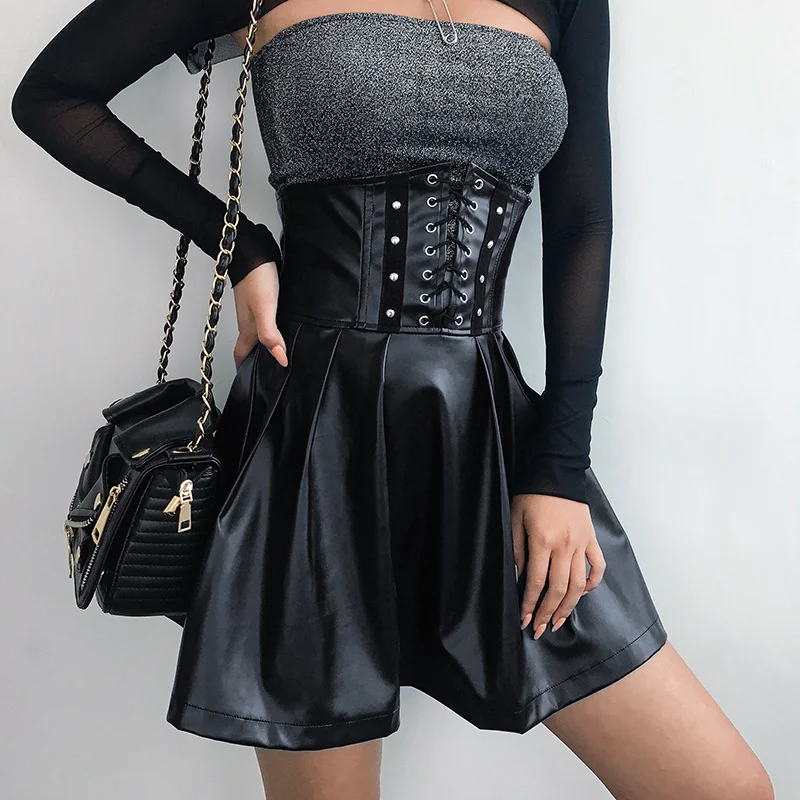 

Spring New High Waist Straps Fashion Simple Mini Skirt Draw Back Thin Chic Elegant A-line Skirt Causal Streetwear Pleated Skirt