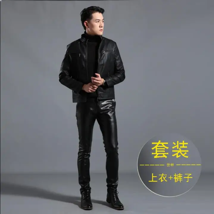 Winter leather jacket men stand collar motorcycle faux leather coat and leather pants 1 set jaqueta de couro masculino black
