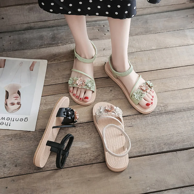 

Flat Sandal Shoe 2021 Summer Clear Heels All-Match Suit Female Beige Without Clogs Gladiator Comfort New Girls Black Elastic Ba