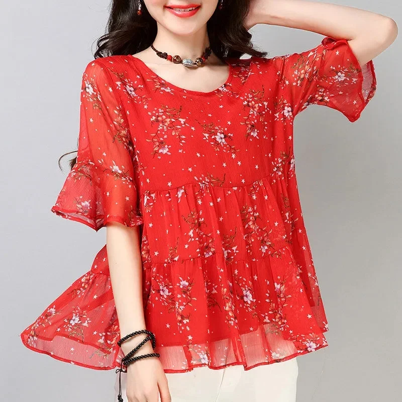 

Summer Women Chiffon Shirt Short Sleeved Plus Size 5XL Print Loose Round Neck Chiffon Shirt Female Elegant Tops Mujer Lined 334