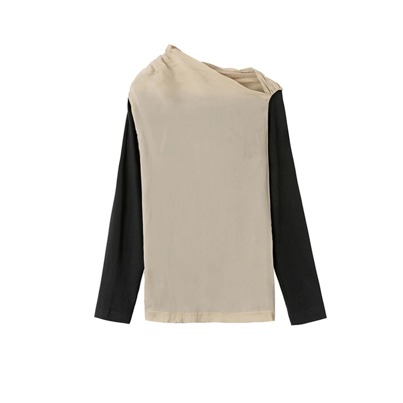 

GALCAUR Casual T Shirt For Women Asymmetrical Collar Long Sleeve Patchwork Hit Color Loose Ruched T Shirts Female 2020 Clothing