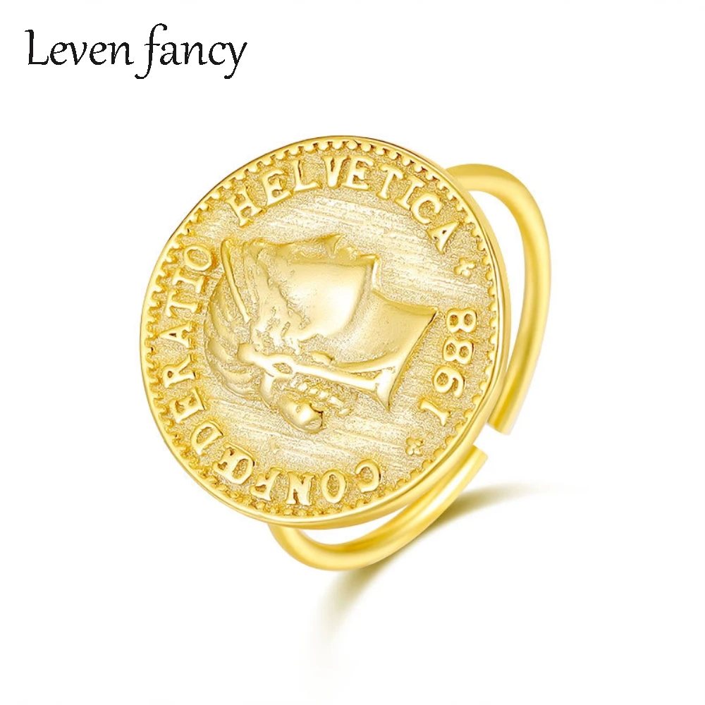 

LEVEN FANCY | 14K Gold Geometric Queen Elizabeth's Coin Ring Vintage Signet Golden Medal Ancient Greek Jewelry Round Charm Rings