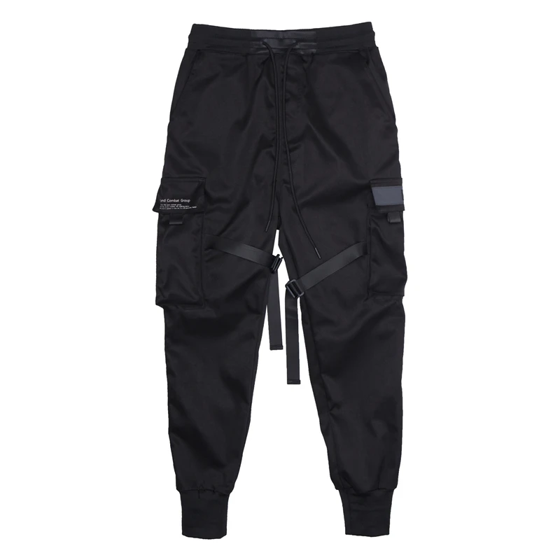 

LACIBLE Ribbons Hip Hop Cargo Pants Men Black Pocket Streetwear Harajuku Techwear Pants Trousers Harem Joggers Sweatpants