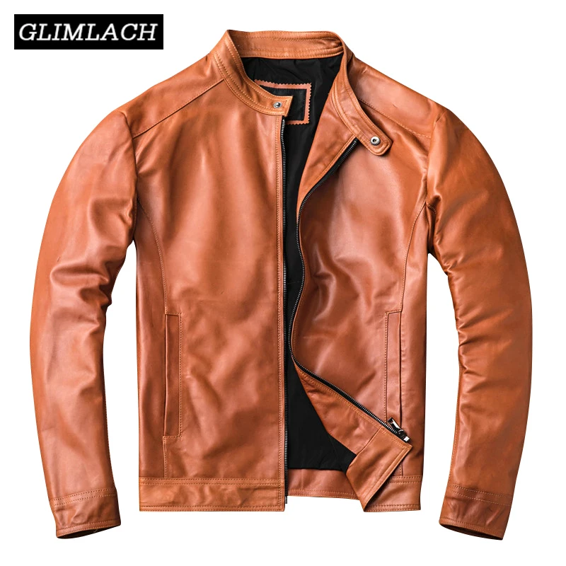 

Brown Plus Size 4XL Real Sheep Leather Jacket Men Casual Stand Collar Genuine Leather Slim Coat Motorcycle Sheepskin Overcoat