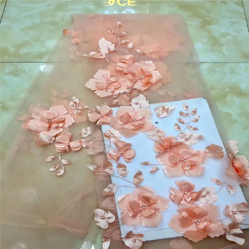 Африканский персиковый 3D цветок кружева высокого качества нигерийский тюль