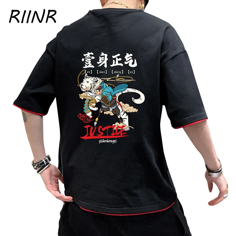 

Riinr Street Mens New Summer Trend 2021 Short-sleeved Chinese Style National Tide Large Size Round Neck Half-sleeved Men T-shirt