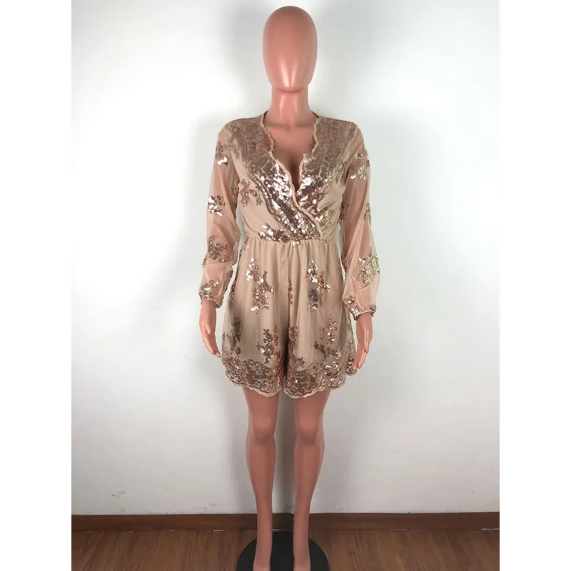 Женский комбинезон с блестками короткий сетчатый глубоким v образным вырезом