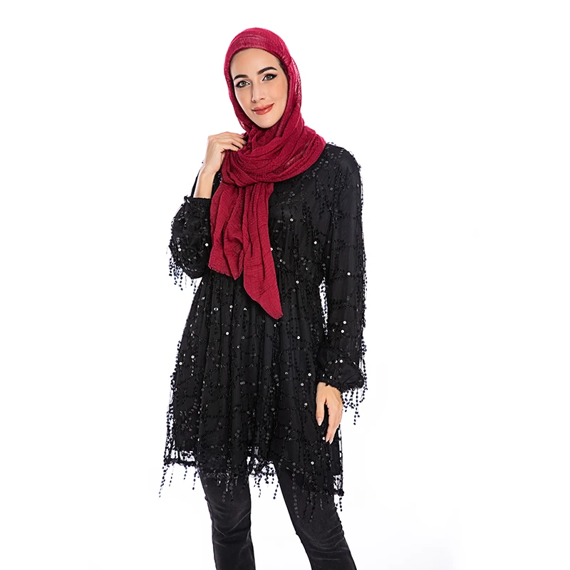 Abaya Дубай Турецкий Арабский Топ Mujer мусульманские блесток Длинные женские топы Исламская одежда Vetement Femme Musulmane Ropa Musulmana Mujer