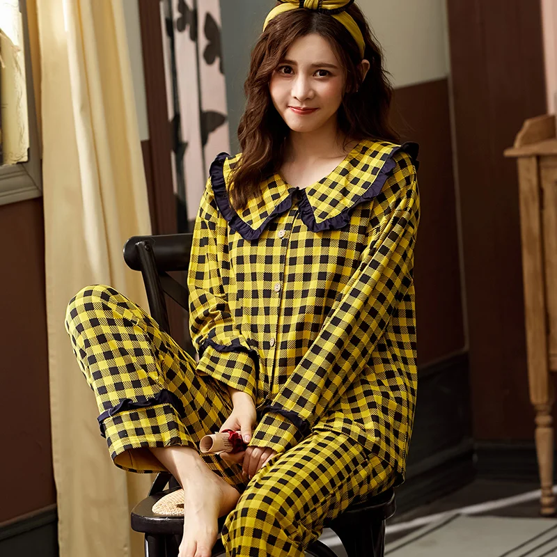 

ATUENDO Spring Fashion Soft Pajama Sets for Women Atoff Home Oversized Satin Sleepwear 100% Cotton Autumn Korean Silk Nightwear