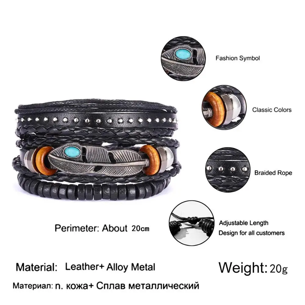 BR18Y0537 RINHOO винтажные кожаные браслеты для мужчин, богемные Многослойные Бусины, обертывание, панк-веревка, ювелирные изделия, подарок на день Святого Валентина, браслеты - Окраска металла: BR18Y0537