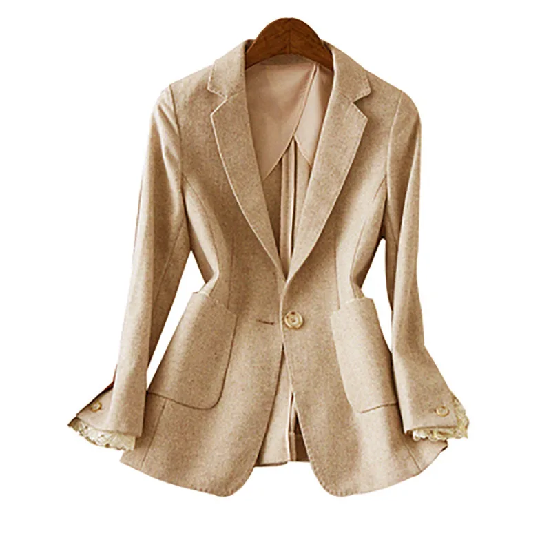 

Пальто, маленький женский костюм, элегантные кружевные манжеты, нежный бежевый шерстяной Повседневный женский костюм