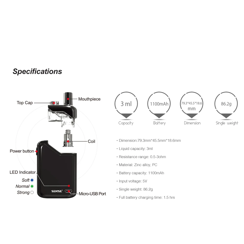 Оригинальный Sense Orbit TF Комплект Pod система стартер Vape 1100 мАч батарея 3 мл