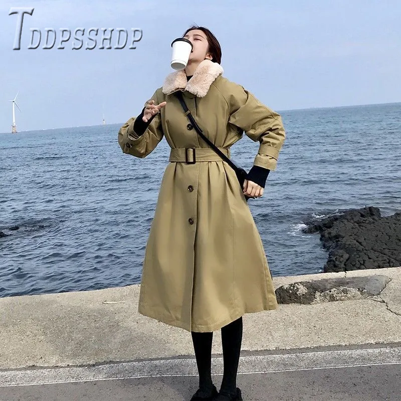 2019 Long Style Lapel Women Parkas Waist Strap Single Breasted Female Overcoat
