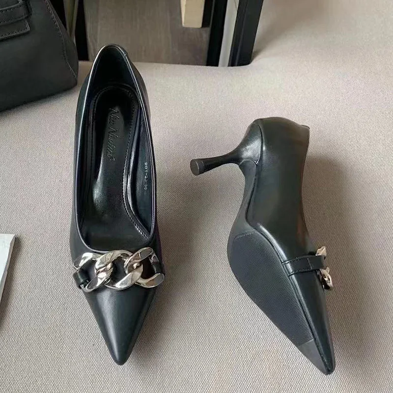 

Spring Thin Heels Pumps Shoes Women Pointed Toe High Heel Work Shoes Fashion Brand Chain Vintage Elegant Shallow Pumps 2021