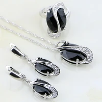 925 sterling silver oval shaped black stones white zircon jewelry sets for women wedding earringsringpendant necklace