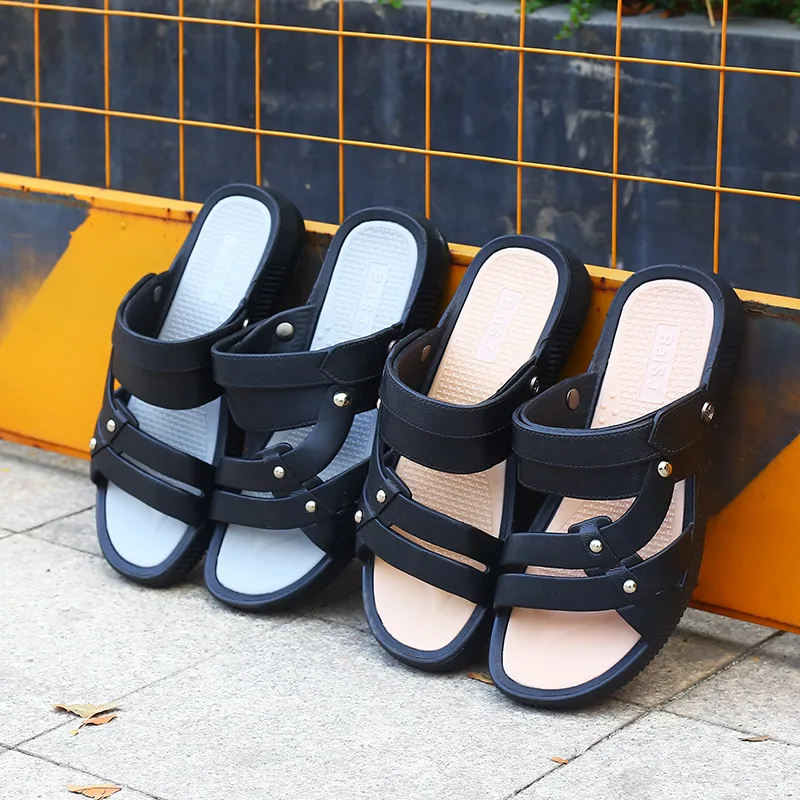 

2021 Summer New Gladiator Sandals for Man Fashionable Slip-on Solid Colors Casual Flat Shoes with Platform Breathable for Daily