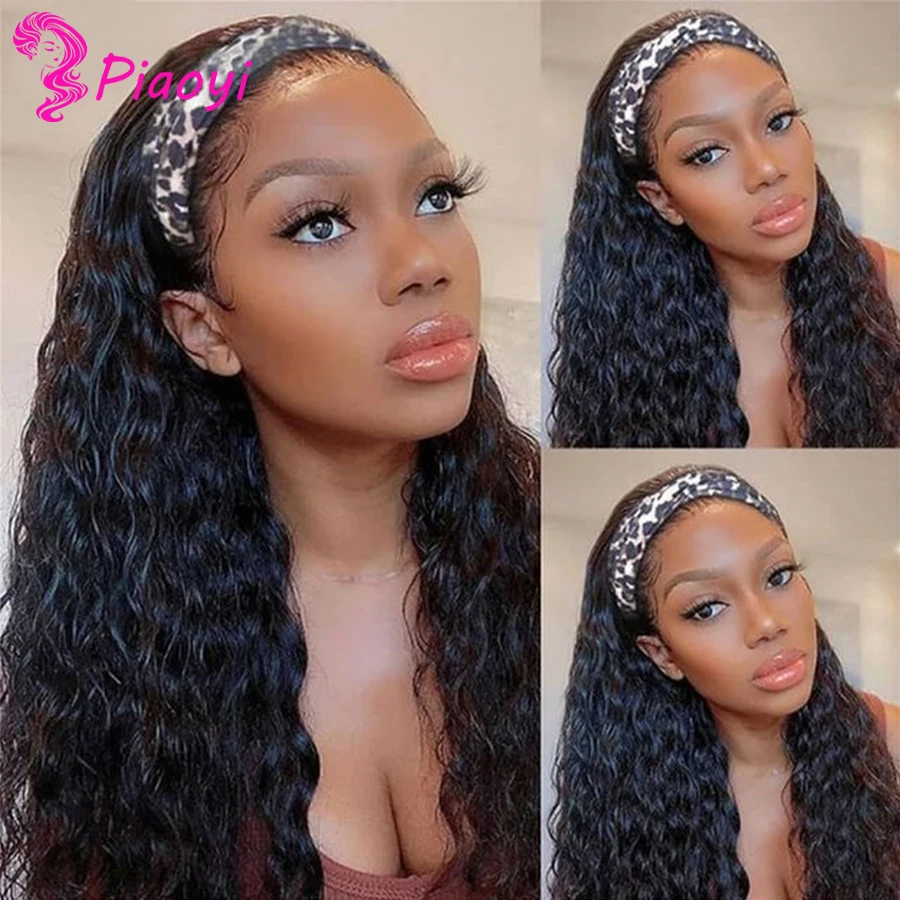 

Water Wave Headband Wig Human Hair Wigs For Black Women Peruvian Scarf Wig No Gel Glueless Piaoyi Remy Curly Human Hair Wigs
