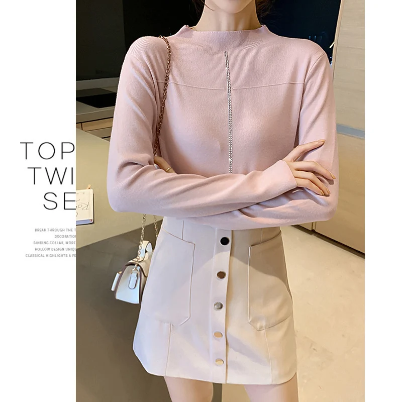 Осенняя мода свитер с воротником-хомутом рубашки для женщин однотонный вязаный