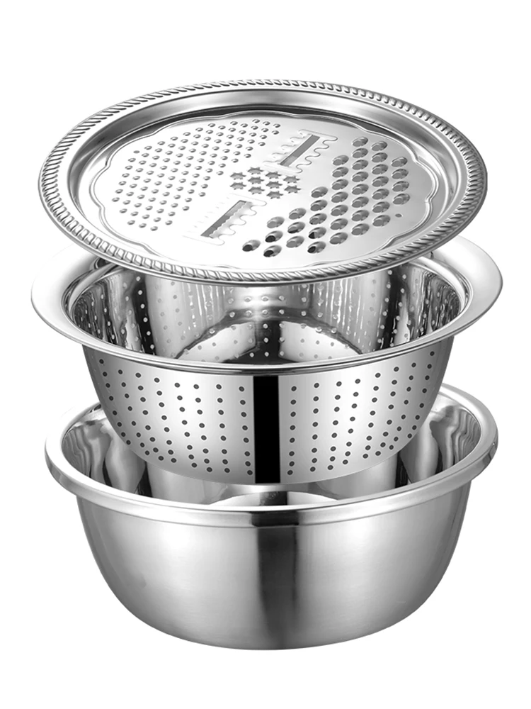 

3Pcs/Set Kitchen Multi-Function Grater Set Stainless Steel Rice Sieve Vegetable Washing Drain Basin For Vegetables Fruits Salad