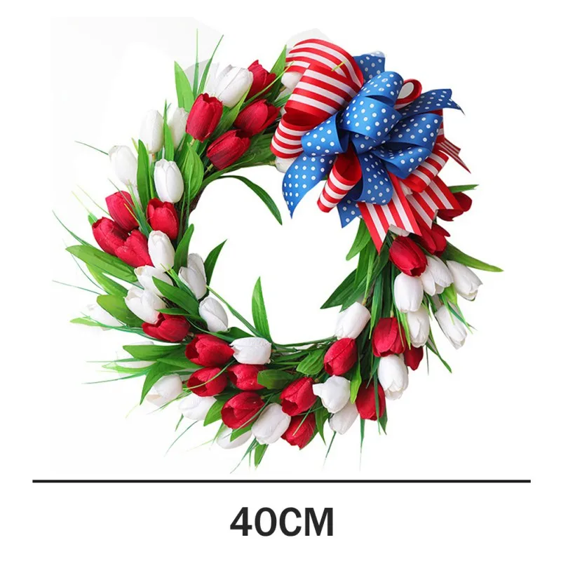 

American Independence Day Patriotic Tulip Wreath Artificial Flower Garland 4th of July Front Door Window Party Decorations