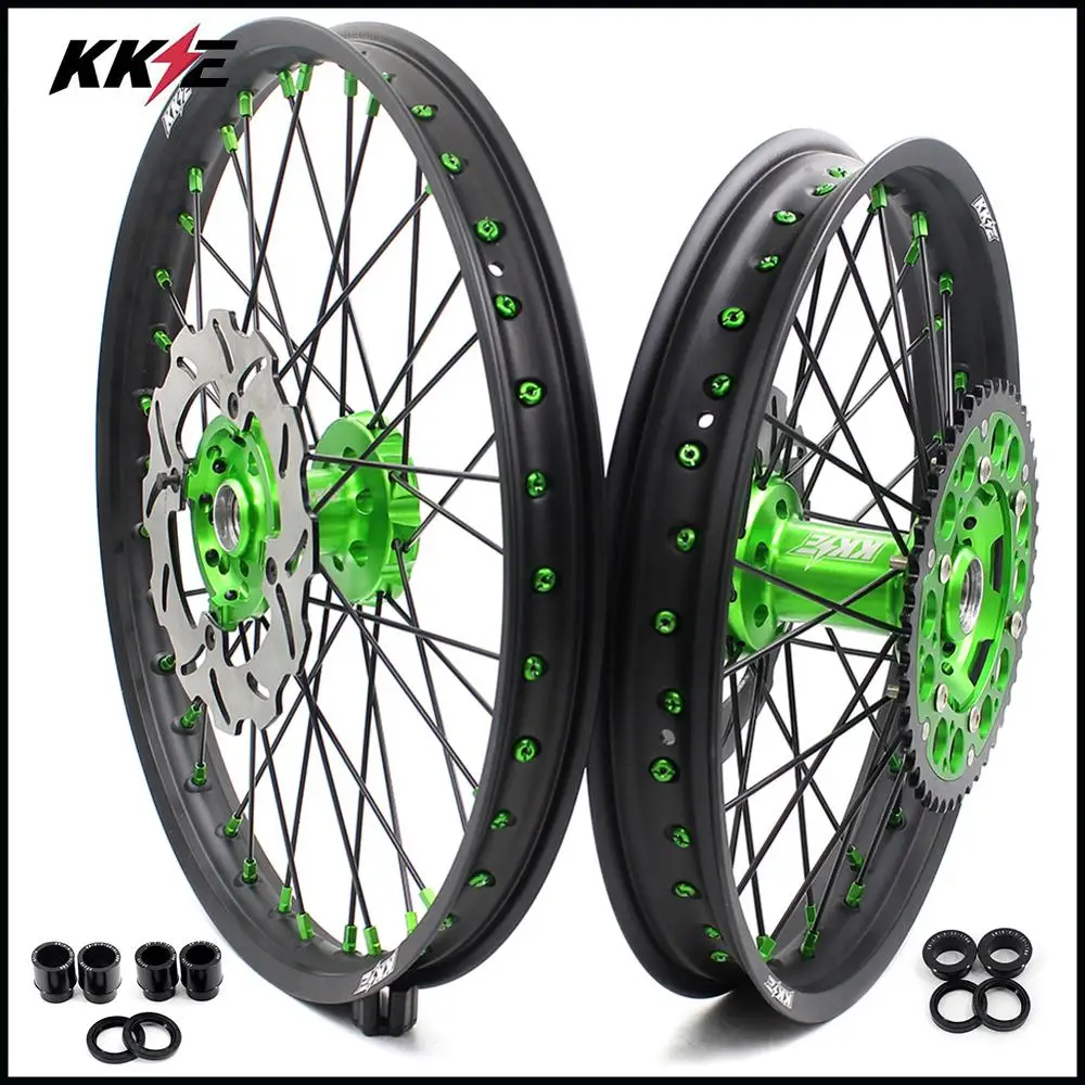 Полный комплект колес KKE 21 & 19 MX для Kawasaki KX250F 2019 зеленые соски черные Спицы