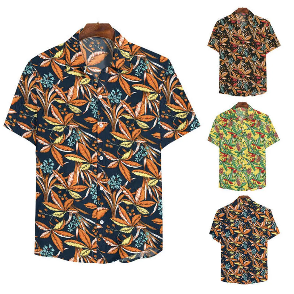 

Гавайская рубашка мужская с коротким рукавом, Модный повседневный топ на пуговицах, Пляжная уличная одежда с цветочным принтом, лето 2020