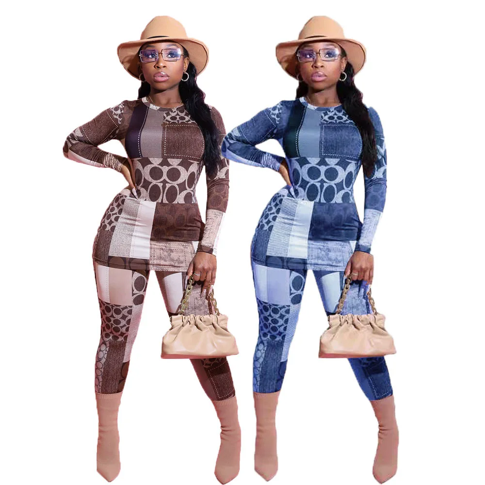 

Vintage Print Two Piece Long Sleeve Round Neck Slim Tops & Bodycon Sweatpants Joggers Outfits Casual Sets Autumn Winter Women