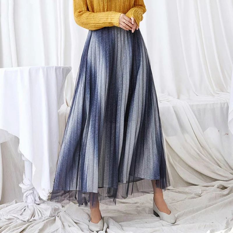 Длинная Плиссированная юбка градиентная сетчатая с металлическим блеском