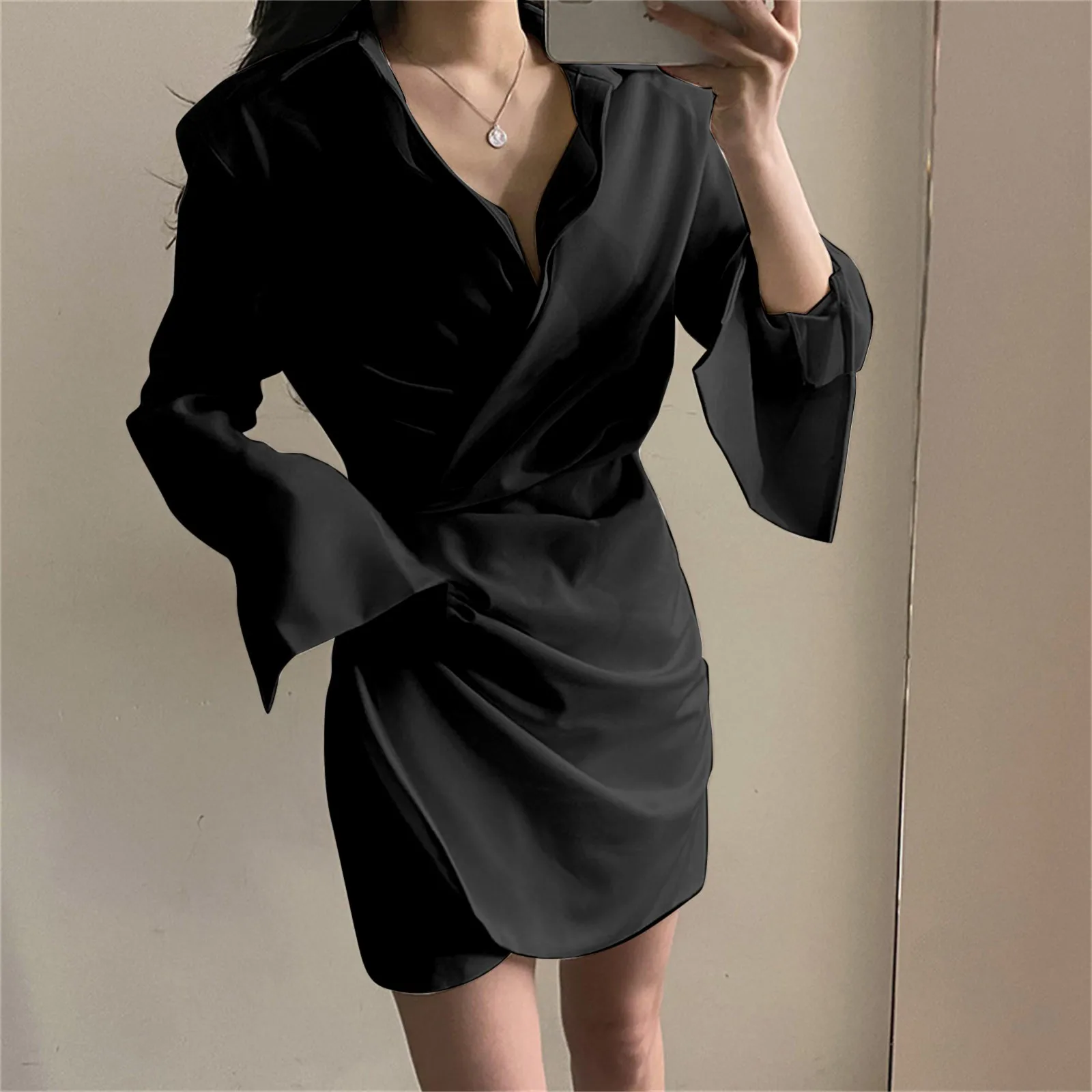 

Women's Elegant Dress Solid Color Ascetic Style Twisted Bodycon Dress Sexy Shirt Black Dresses For Women 2021 Vestidos De Mujer