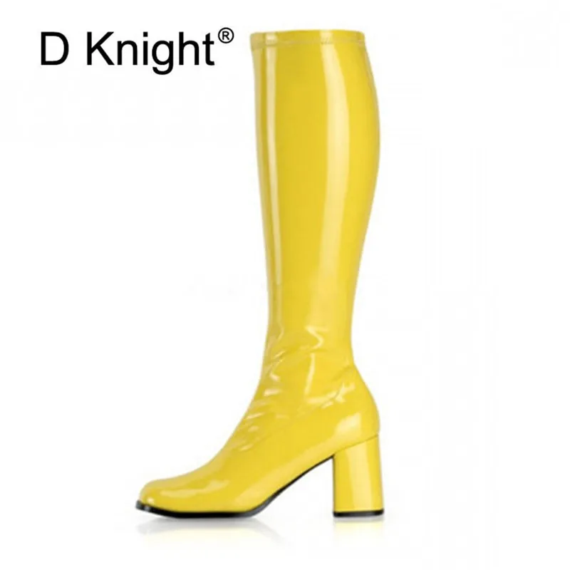 Модные сапоги до колена из лакированной кожи женские зимние высокие на толстом