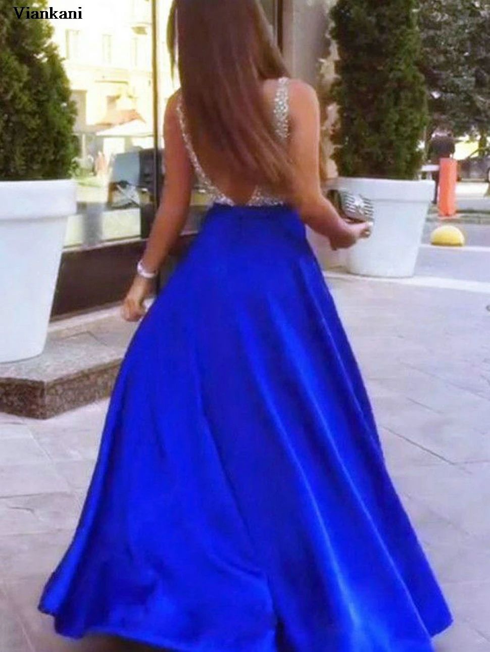 

Sexy Royal Blue Dresses 2021 Party Gowns Long Formal V-Neck Satin Beading Backless Beach Cheap Women Dress Robe Femme