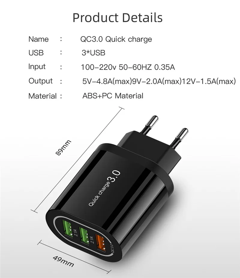 18 Вт Быстрая зарядка 3,0 USB зарядное устройство 3 порта QC3.0 Быстрая зарядка для iPhone 11 11Pro Max samsung S10 huawei P30 настенное зарядное устройство адаптер