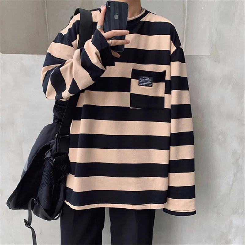 

Women Sweatshirt Loose Boys Boys Male Female stripe New Autumn Kpop Cool Fashion Loose Tee sweatshirts Japan BF Girls Tops