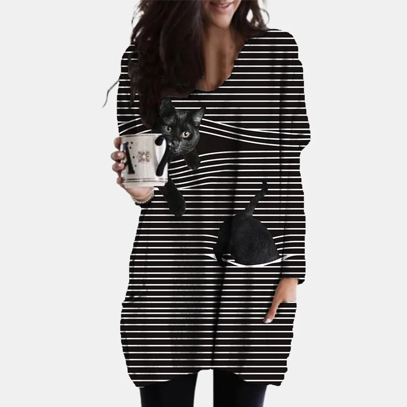 

2021 Spring Cartoon Cat Print Patchwork Blouse Autumn V Neck Long Sleeve Striped Shirt Vintage Pockets Loose Women Tops Pullover