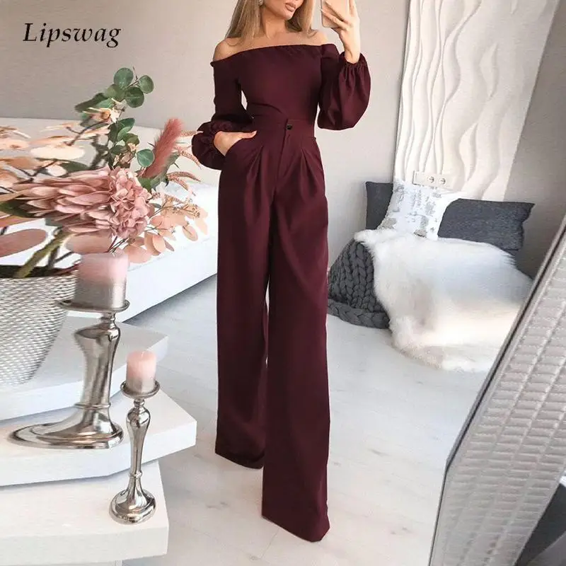 

Women Fashion Wide Leg Office Romper Solid Elegant Lantern Sleeve Jumpsuit Overalls Sexy Off Shoulder Backless Ladies Playsuits